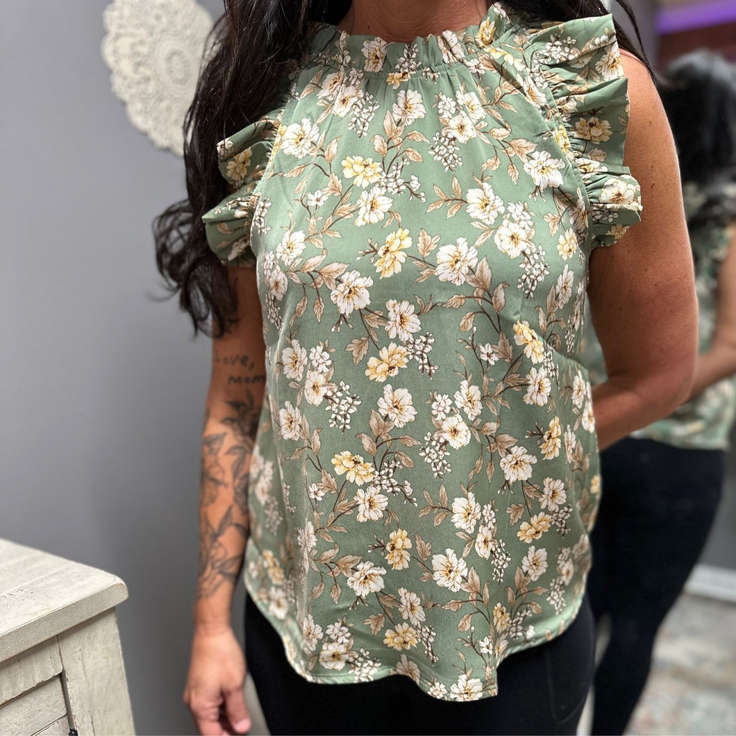 Floral Ruffle Neck Top | Olive