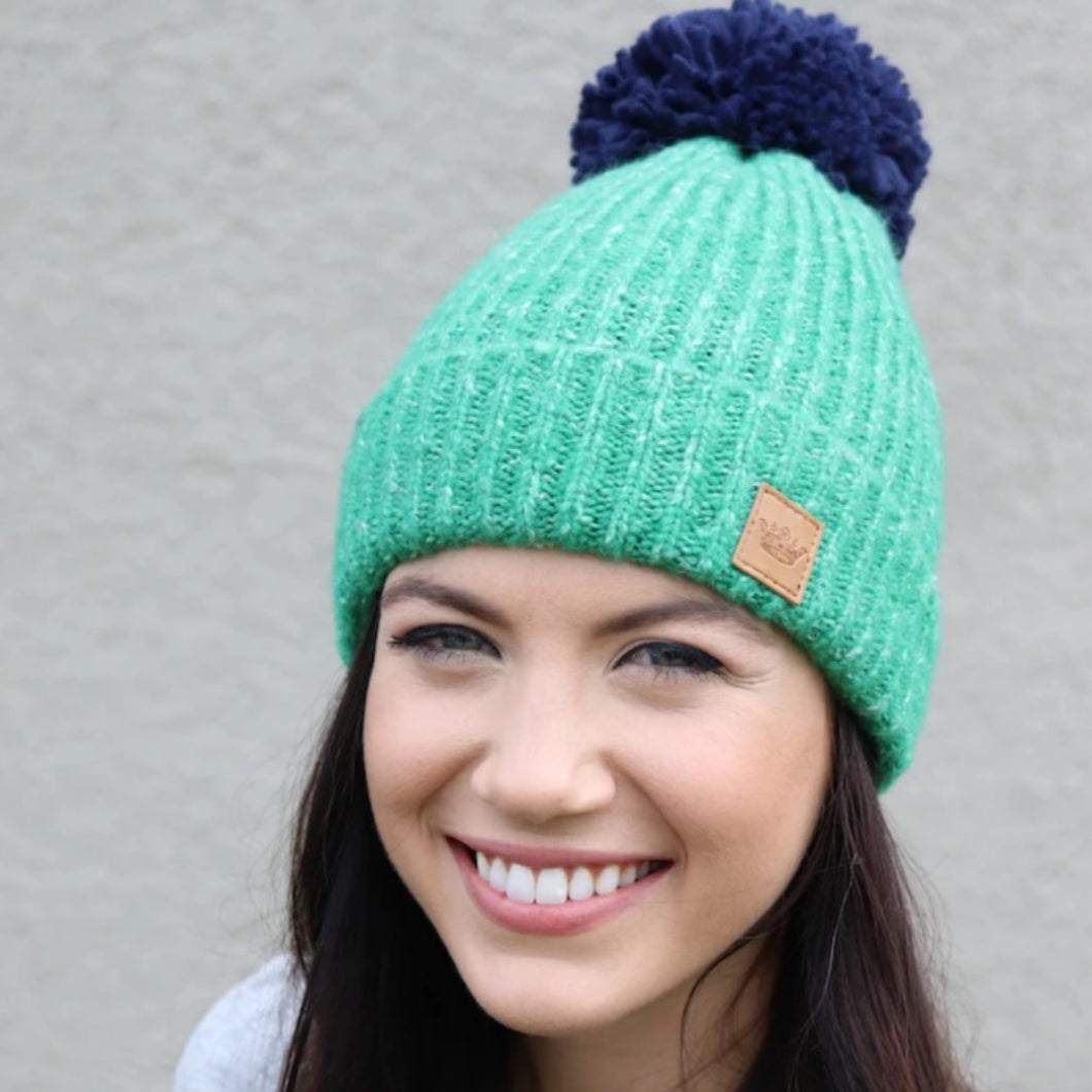Mint Fleece Lined Knit Hat with Navy Pom