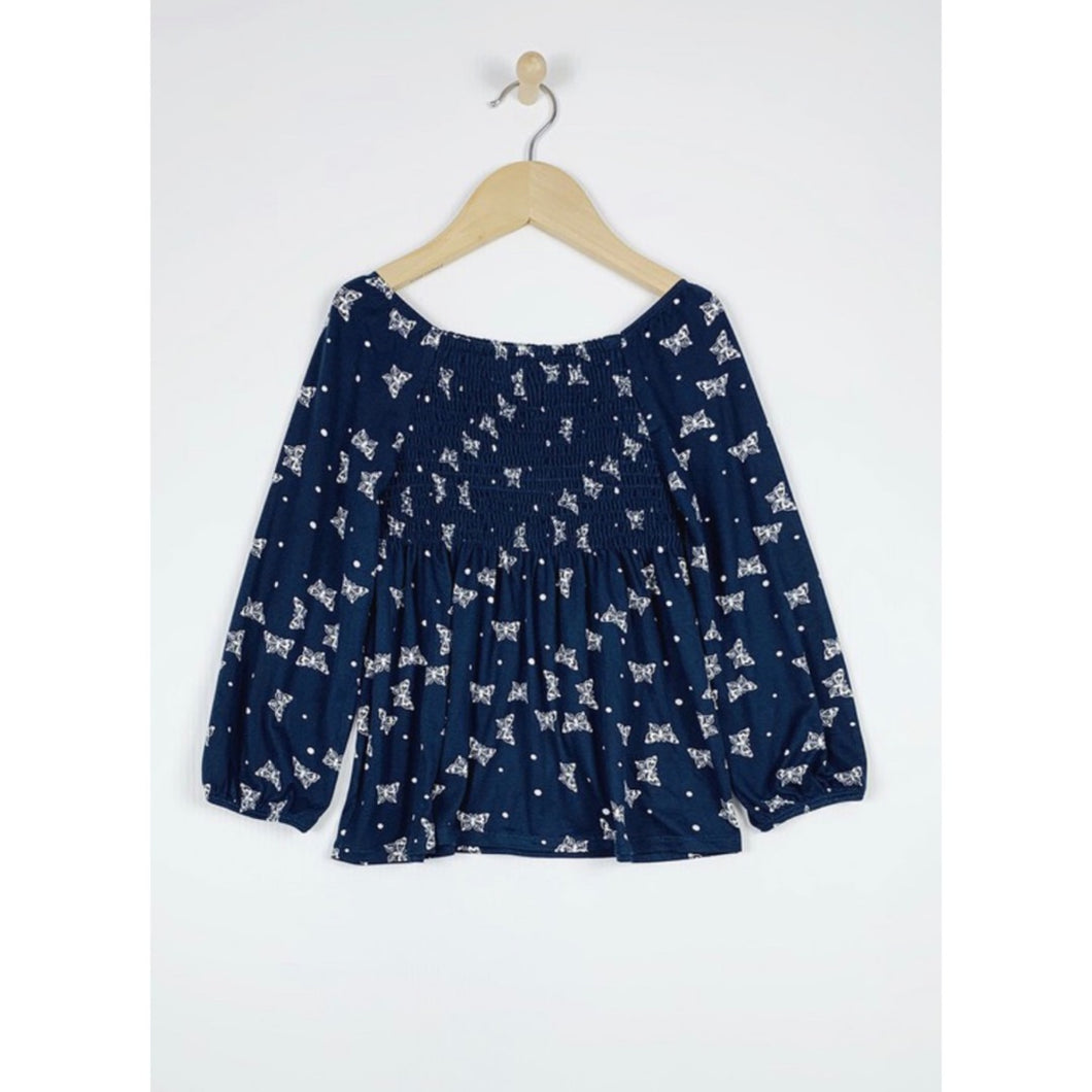 Little Girls | Navy Butterfly Smocked Top
