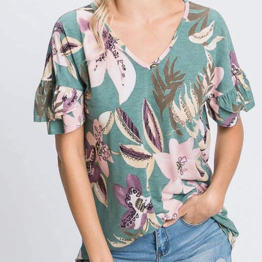 V Neck Floral Print Ruffle Top