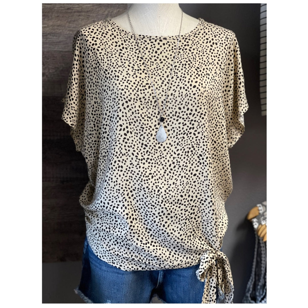 Taupe Dot Top W/ Tie Accent