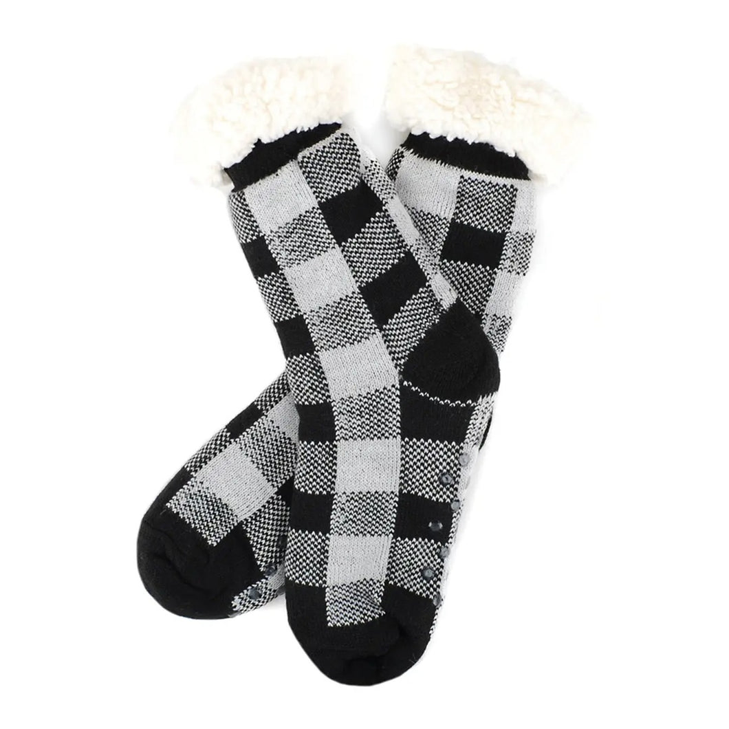 Plush Fleece Lined Sherpa Slipper Socks | Black Plaid