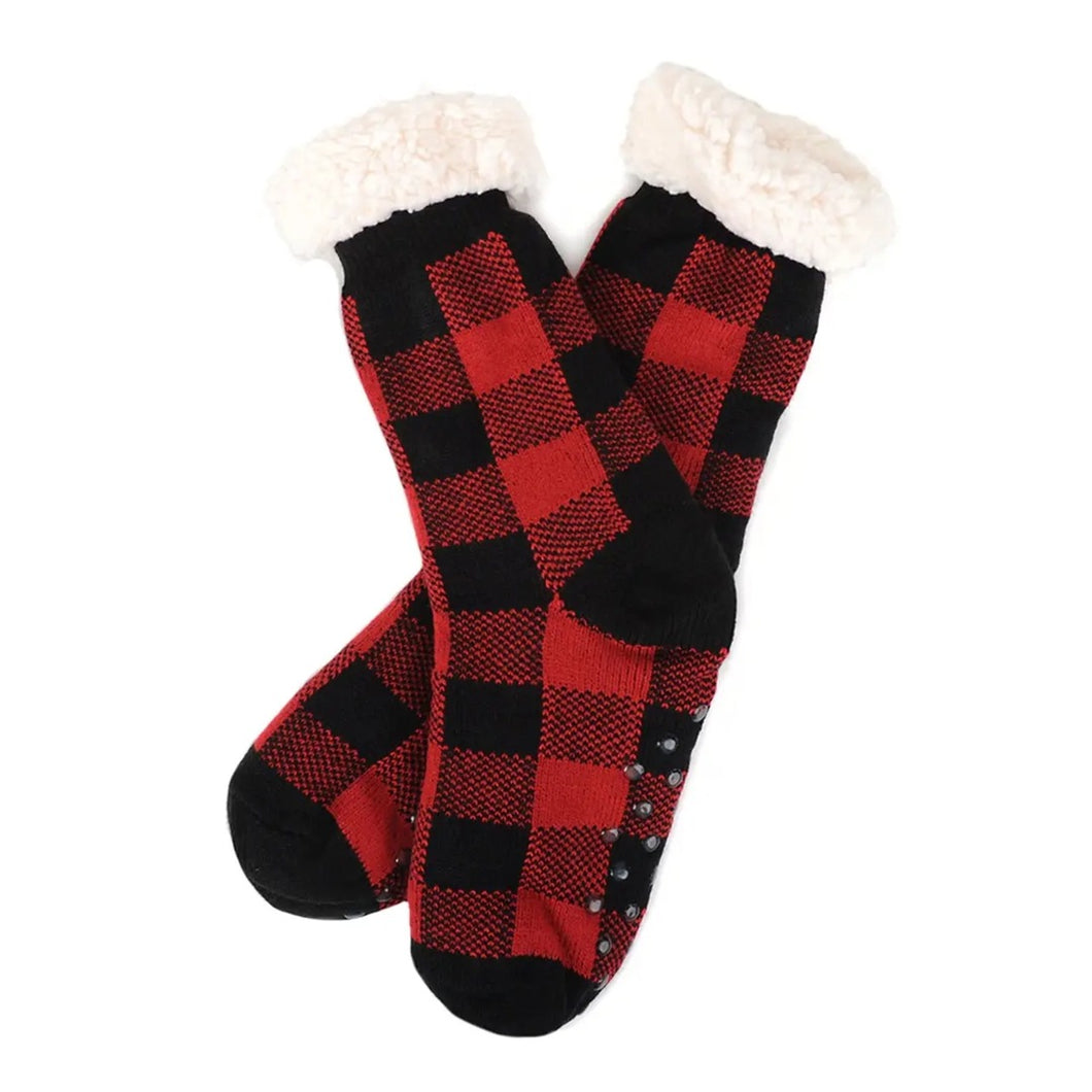 Plush Fleece Lined Sherpa Slipper Socks | Red Plaid