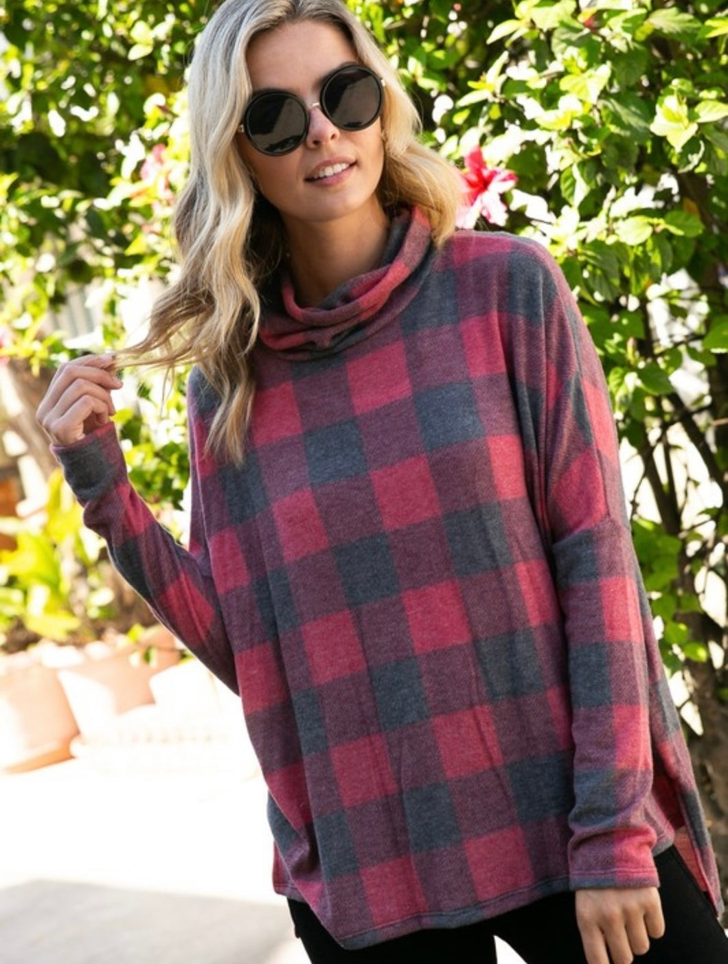 Plaid Cowlneck Sweater Top | Red