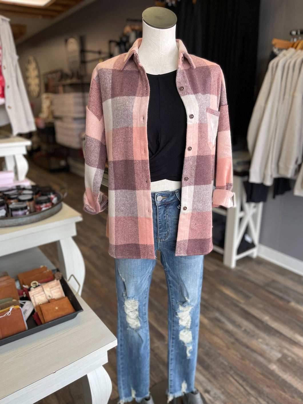 Button Up Plaid Shacket | Dusty Rose