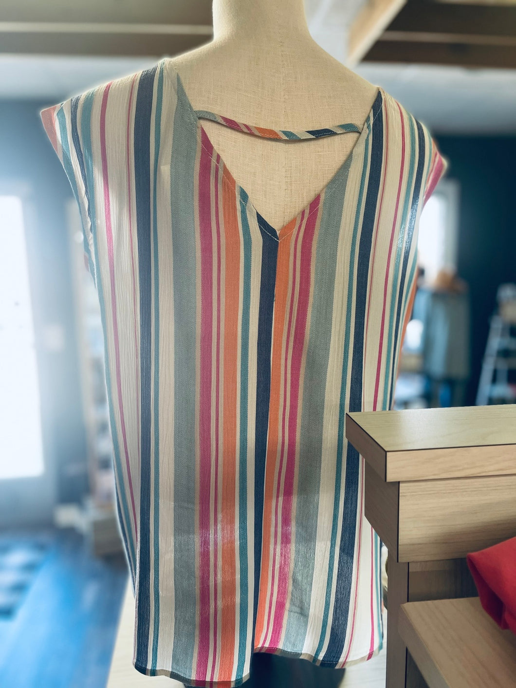 Vertical Striped Cap Sleeve Top | Orange/Mint