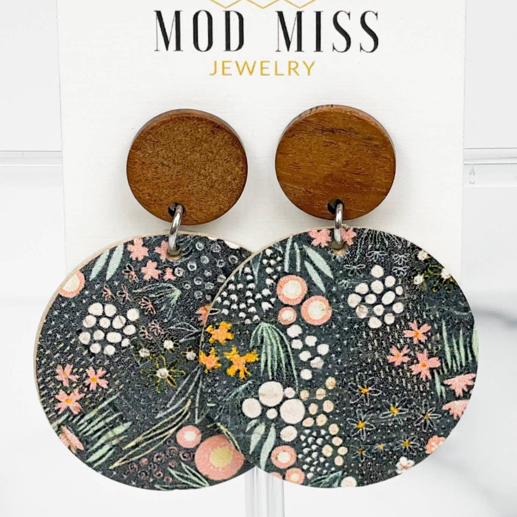 Pastel Floral Round Cork Leather Earrings