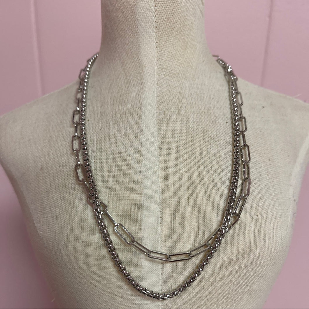 Layered Link & Box Chain Necklace | Silver