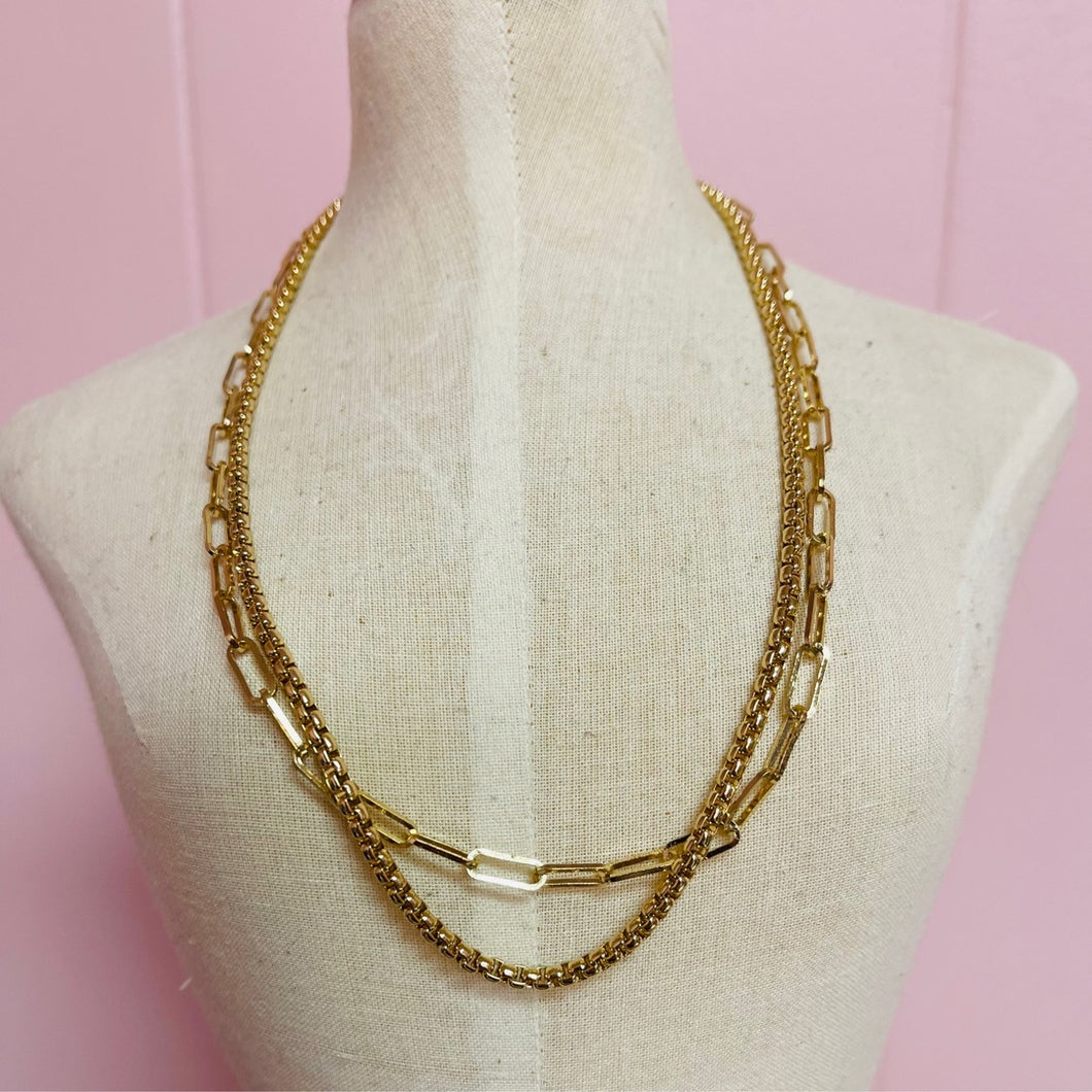 Layered Link & Box Chain Necklace | Gold