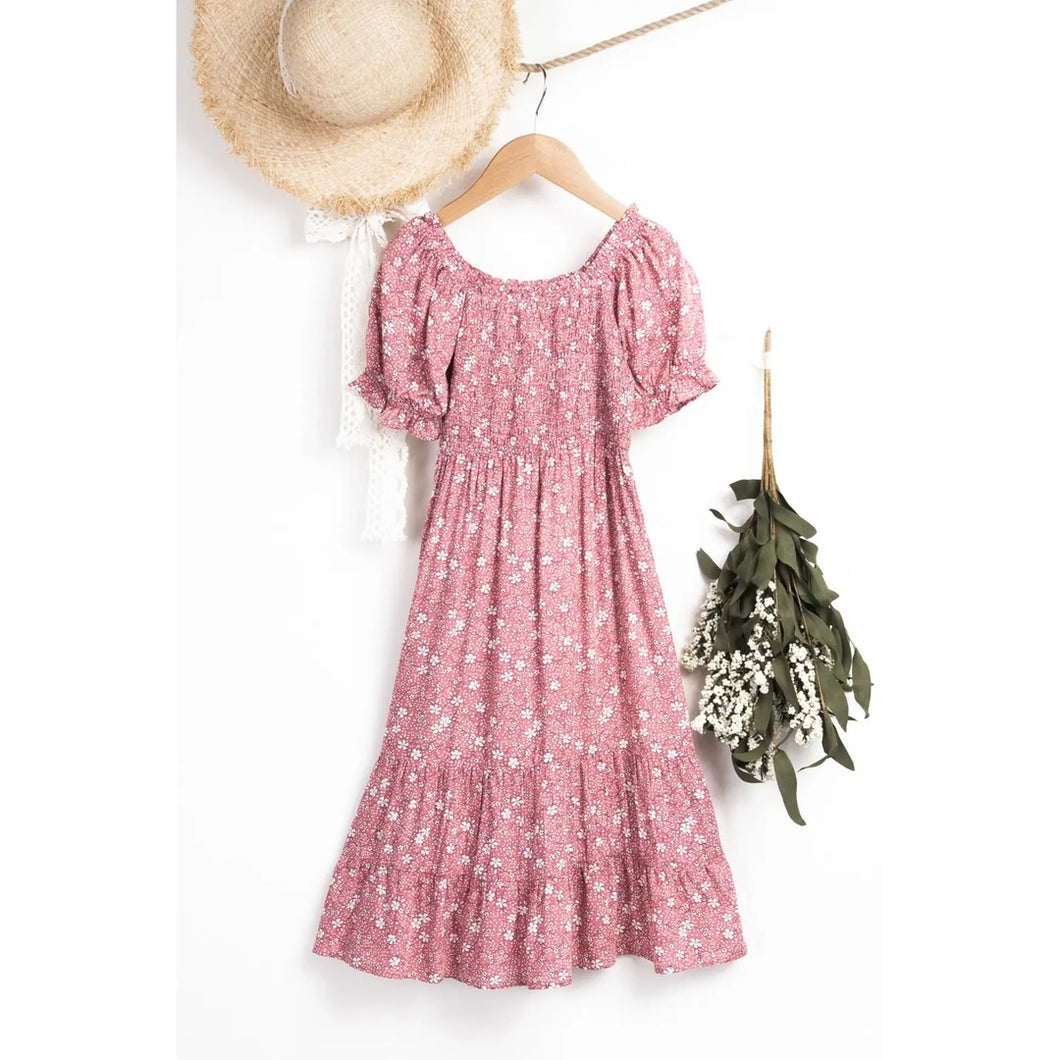 Floral Smocked Puff Sleeve Maxi Dress | Mauve