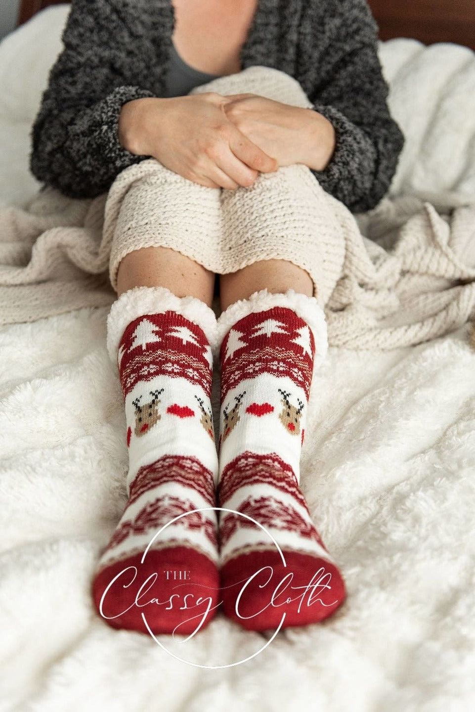 The Classy Cloth | Non-Slip Sherpa Lined Socks | Red Reindeer