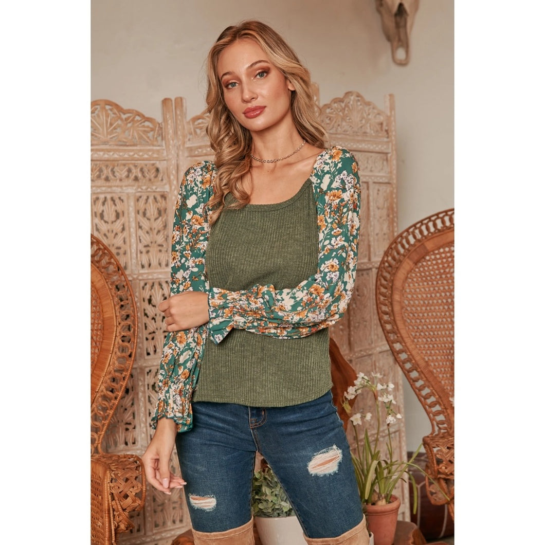 Floral Ribbed Knit Top | Olive