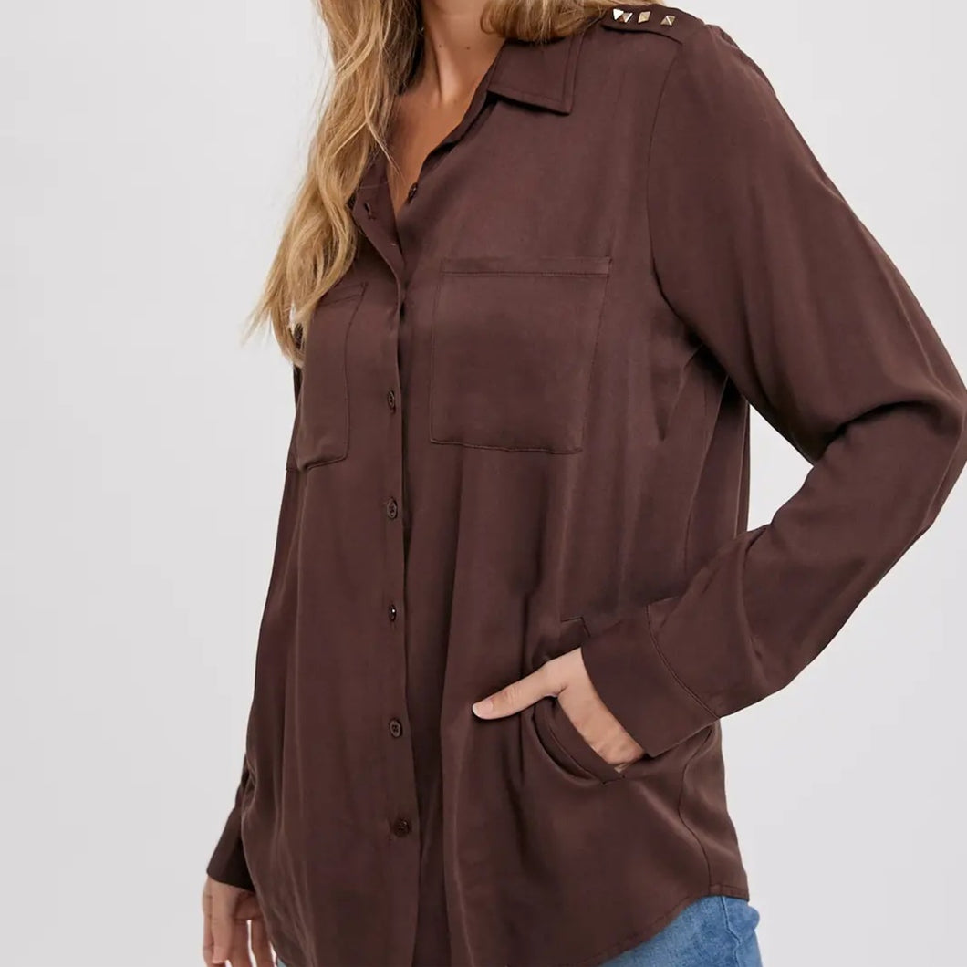 Studded Epaulette Button Up Shirt | Ash Brown