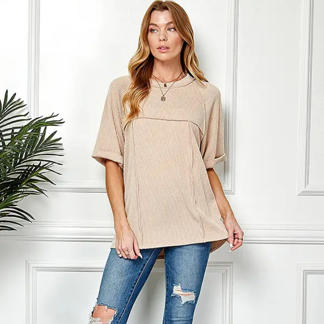 Ribbed Short Sleeve Top | Sand