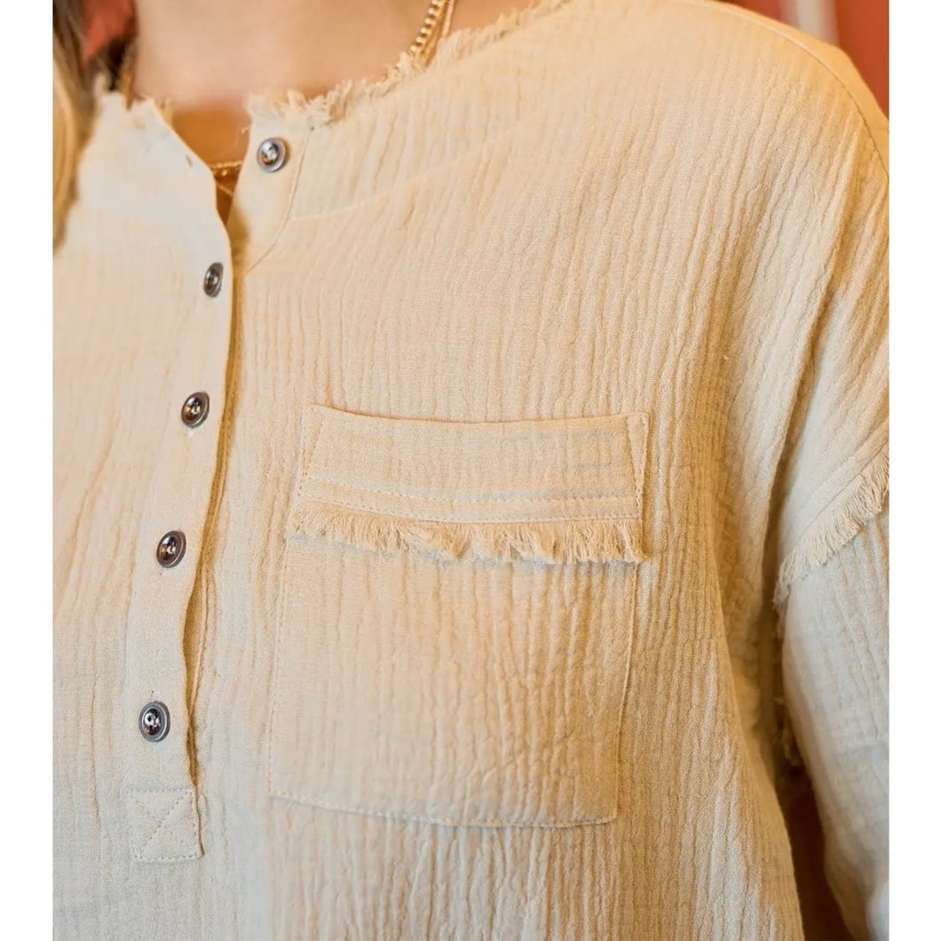 Drop Shoulder Frayed Shirt | Khaki