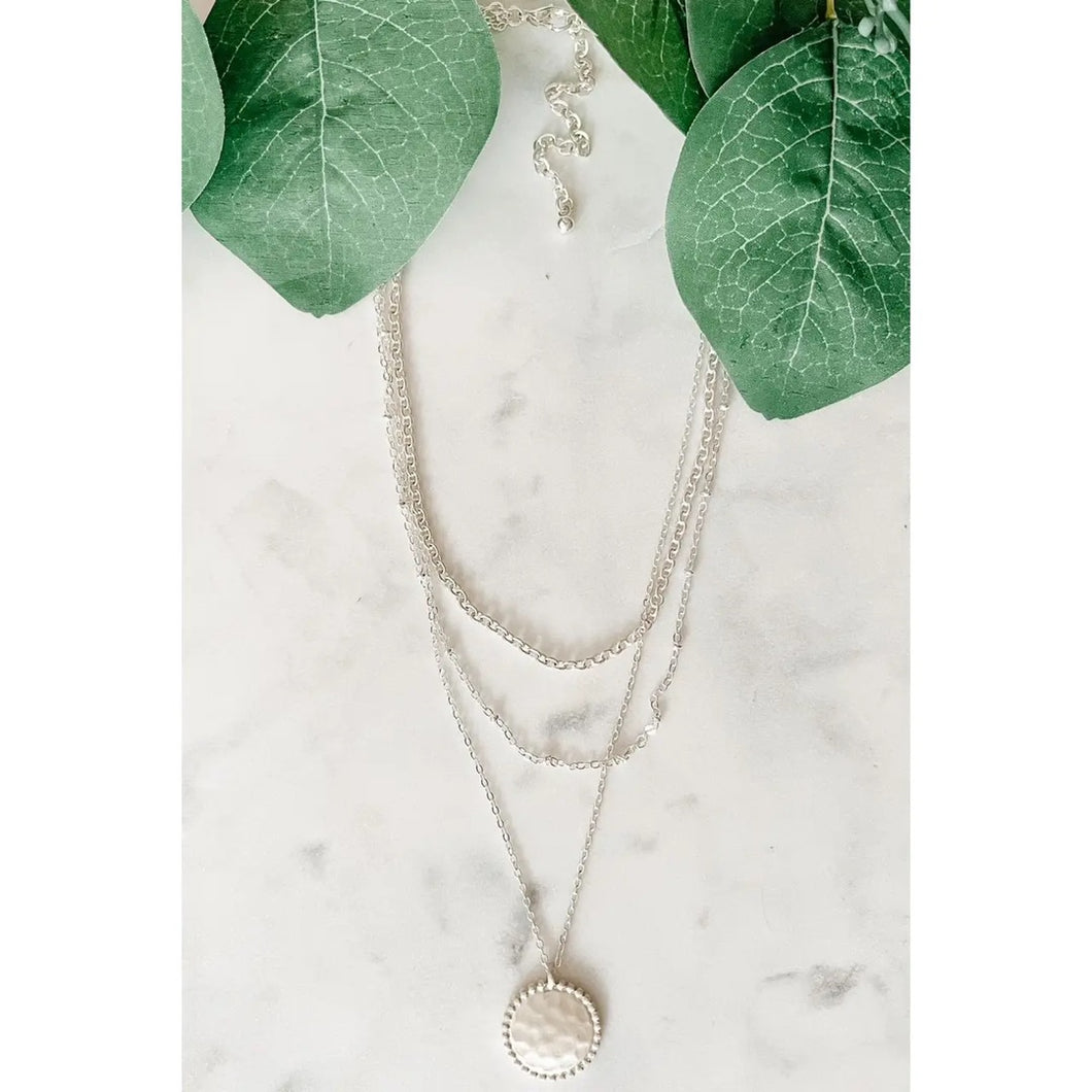Multilayer Necklace W/ Round Pendant | Silver
