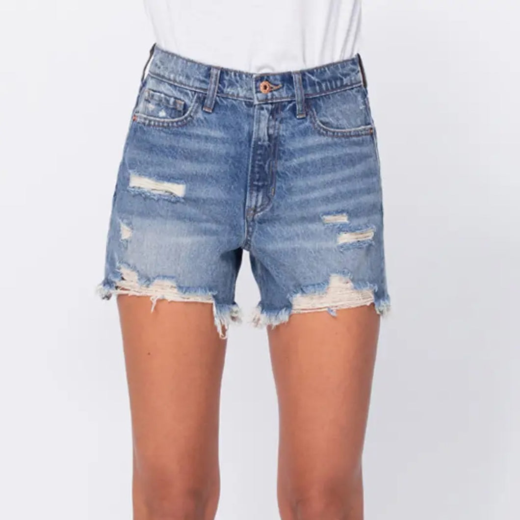 High Rise Shorts With Fray Hem And Distress