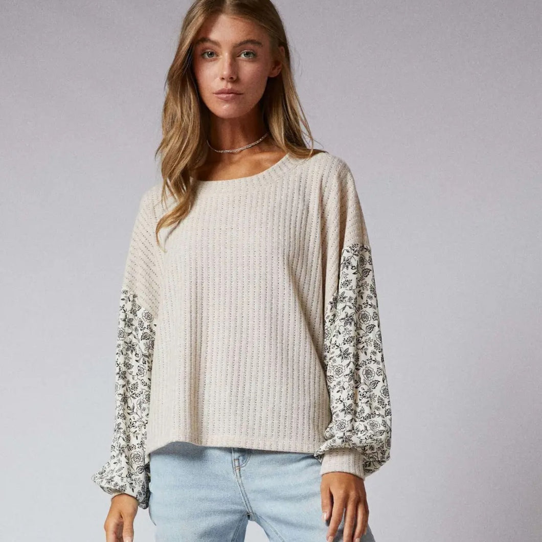 Floral Puff Sleeve Textured Top | Oatmeal
