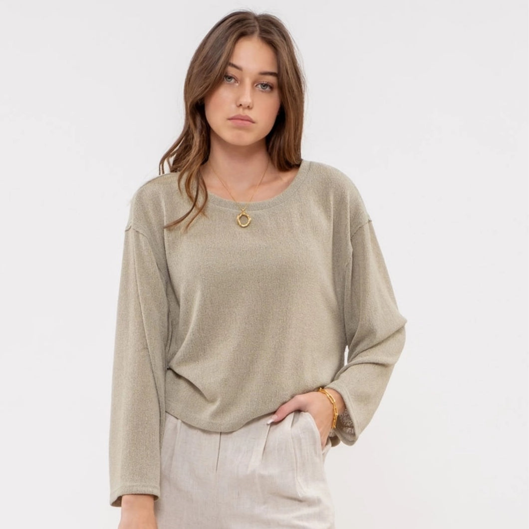 Relaxed Raw Edge Knit Top | Light Olive