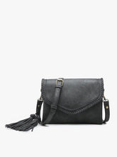 Load image into Gallery viewer, Sloane Flapover Crossbody w/ Whipstitch and Tassel | Black

