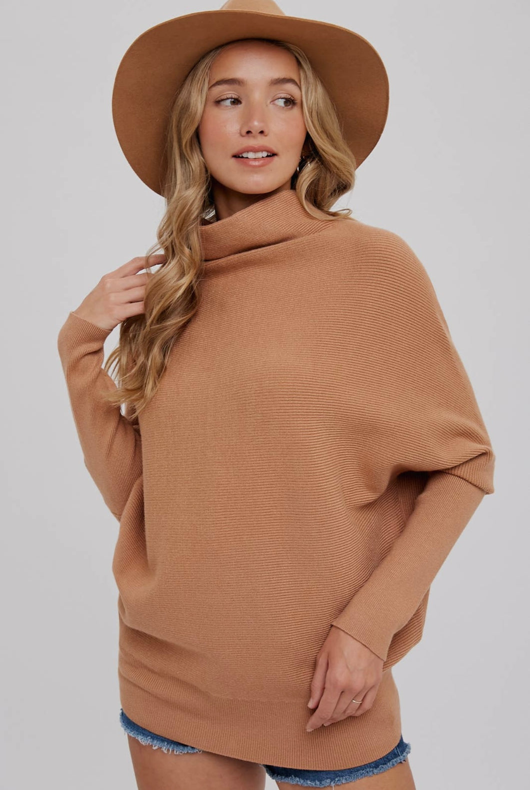 Slouch Neck Dolman Pullover Sweater| Toast