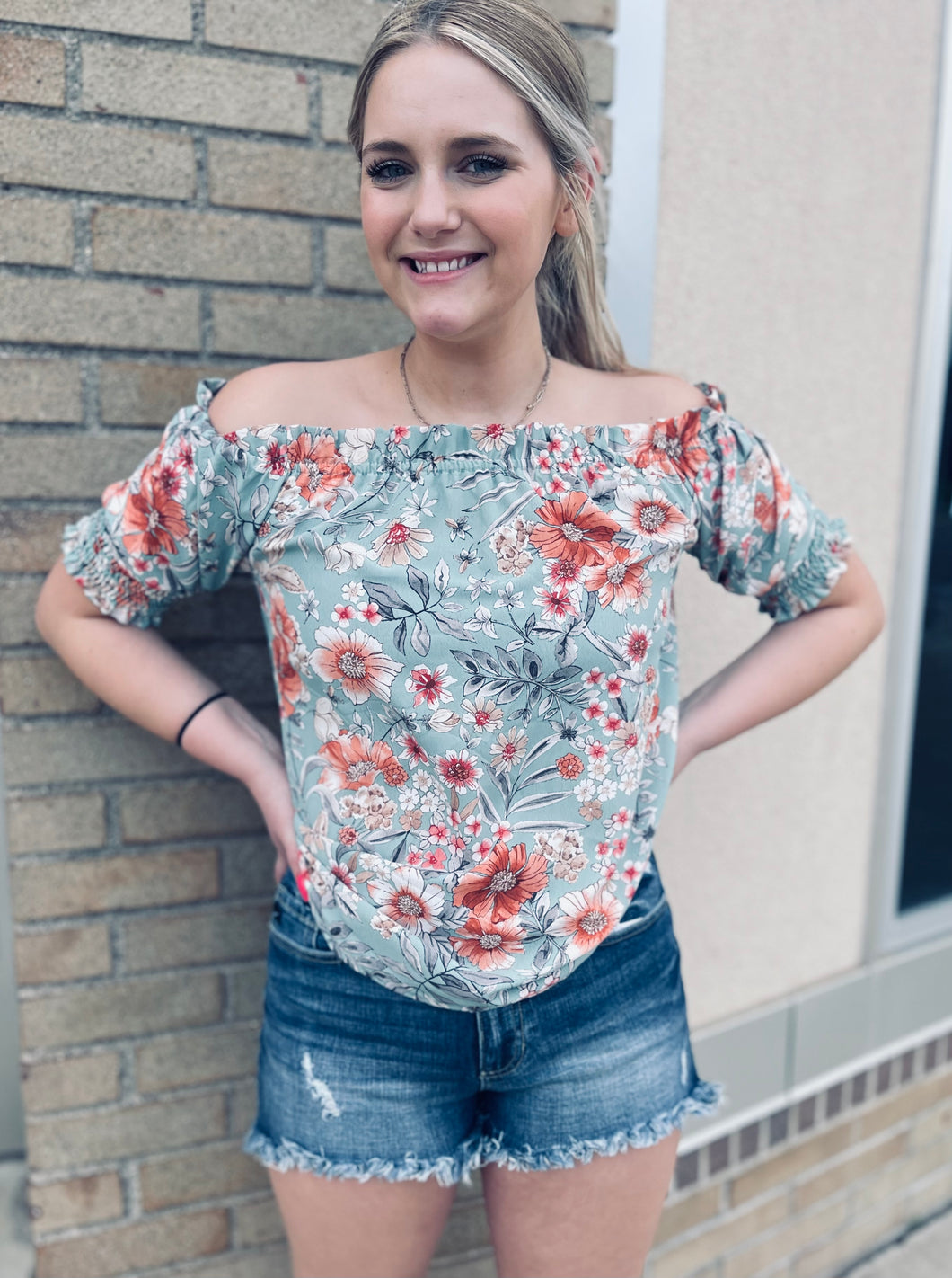 Mayberry Mint | Floral Off Shoulder Top
