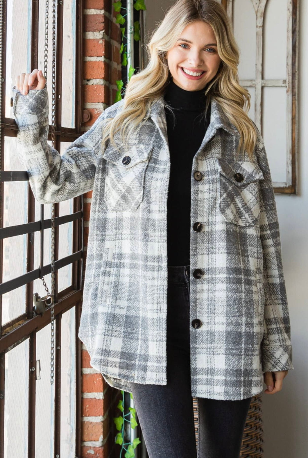 Plaid Button Up Shacket | Grey